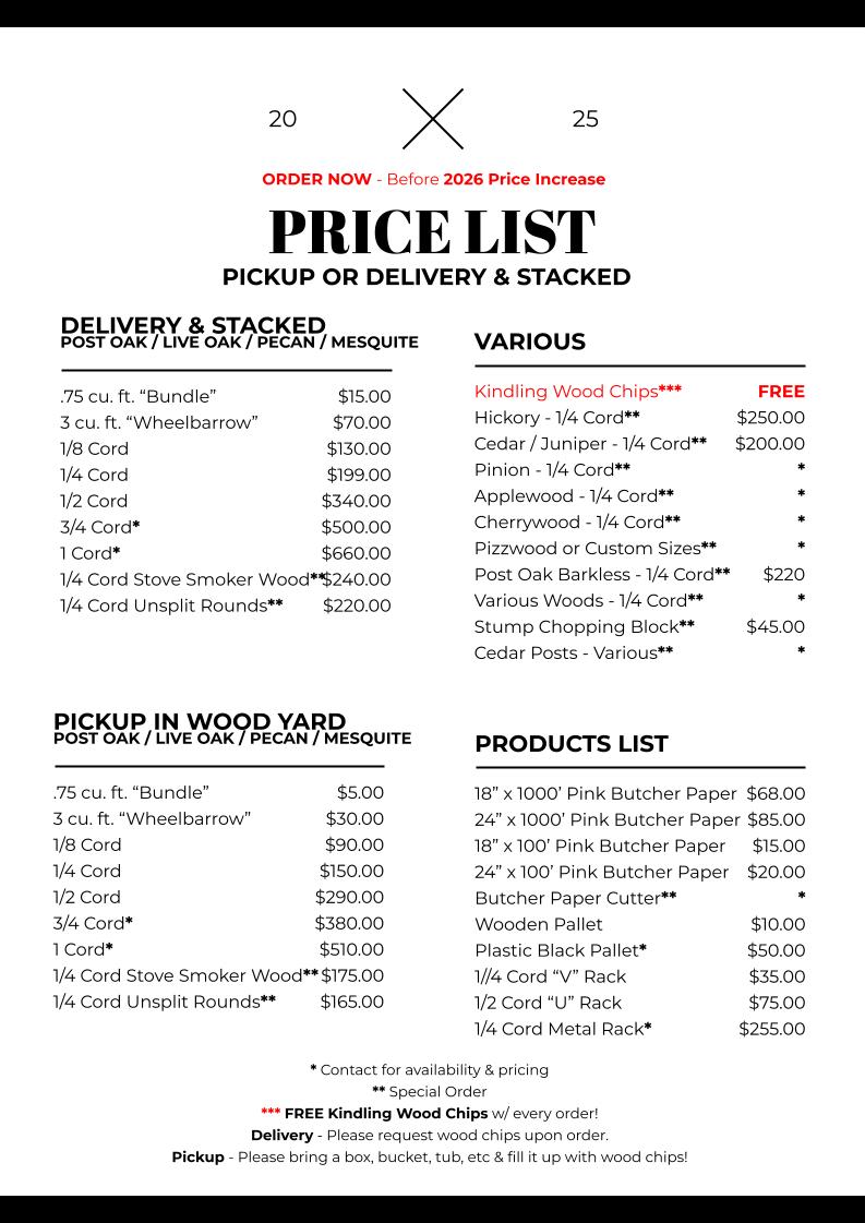 Delivery and Wood Yard Pickup Price List